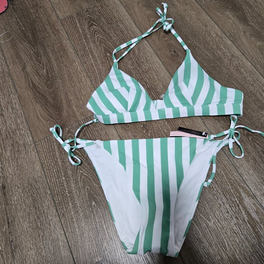 Victoria Secret NWT striped green and white bikini large